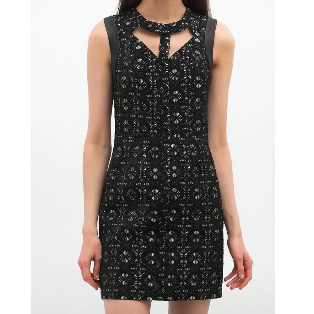 Maje Metallic Jacquard Knit Mini Dress Lambskin Leather Trim Cutout Women's 2